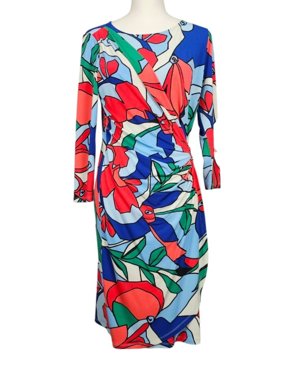 Tahari ASL Faux Wrap Midi Dress Geometric Multicolor Floral Ruched New Size 10
